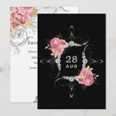 Roze en gouden en zilveren Floral Diamond Wedding Save The Date (Voorkant / Achterkant)