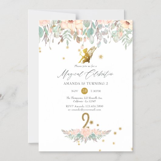 Roze en gouden feeënthema Meisje 2de verjaardagsfe Magnetische Uitnodiging (Voorkant)