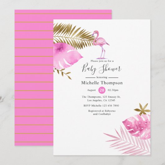 Roze en Gouden Flamingo Baby Shower Kaart (Voorkant / Achterkant)