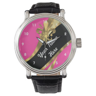 Roze en gouden fleur de lys gepersonaliseerd horloge