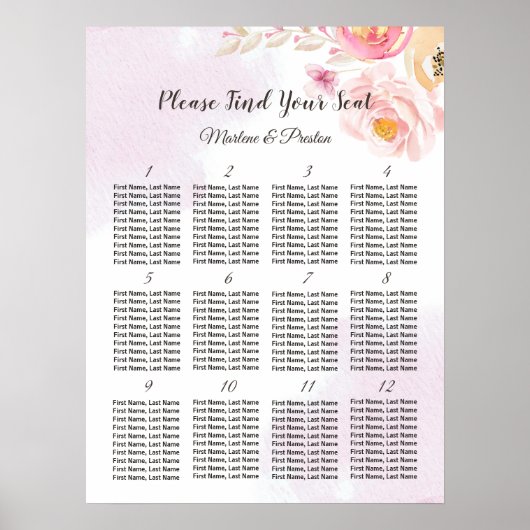 Roze en gouden flora 12 Tables Wedding Seating Cha Poster (Voorkant)