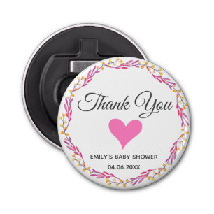 Roze en gouden flora Hartelijk dank, Baby shower Button Flesopener