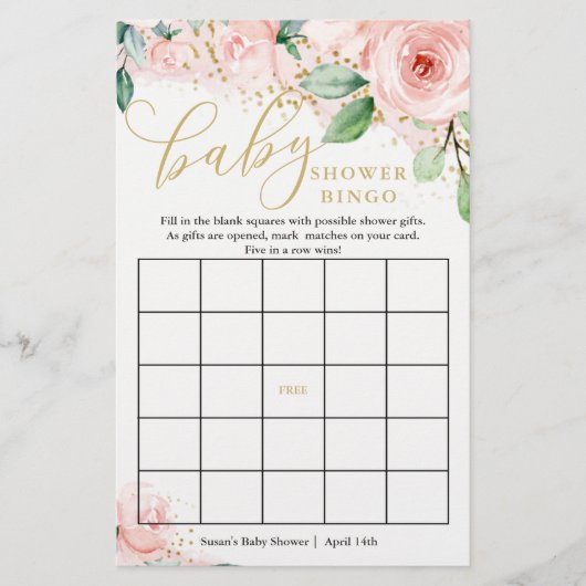 Roze en gouden Floral Baby shower Bingo-kaart (Voorkant)