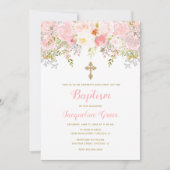 Roze en gouden Floral Baptisme Invitation Girl Kaart (Voorkant)