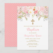 Roze en gouden Floral Baptisme Invitation Girl Kaart (Voorkant / Achterkant)