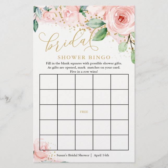 Roze en gouden Floral Bridal Bingo Game Card (Voorkant)