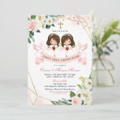 Roze en gouden Floral Eerste Heilige Communie Kaart (Staand voorkant)