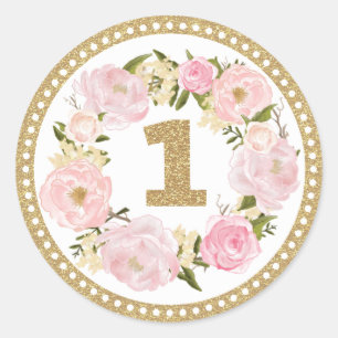 Roze en gouden Floral, eerste verjaardag Favor Tag Ronde Sticker
