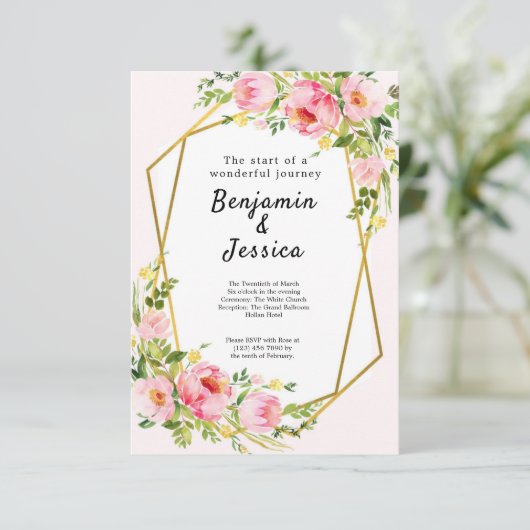 Roze en gouden Floral Geometric Wedding Invitation Kaart (Staand voorkant)