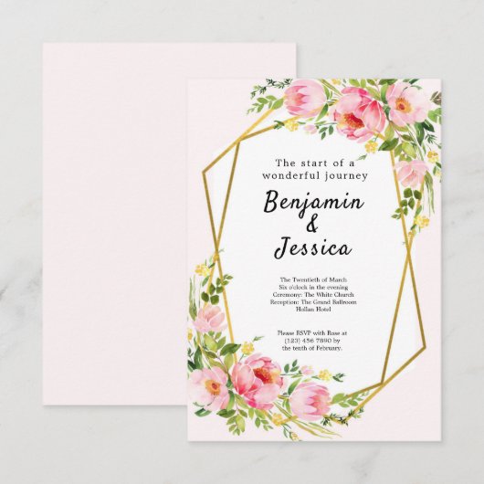 Roze en gouden Floral Geometric Wedding Invitation Kaart (Voorkant / Achterkant)