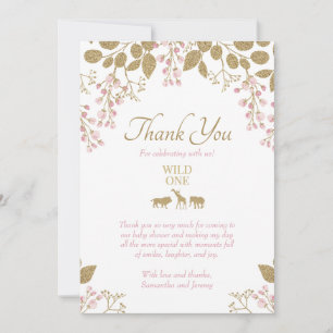 Roze en gouden Floral Wild One Safari Baby shower Bedankkaart
