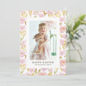 Roze en gouden folie bloemen foto Gelukkig Pasen Feestdagenkaart (Staand voorkant)