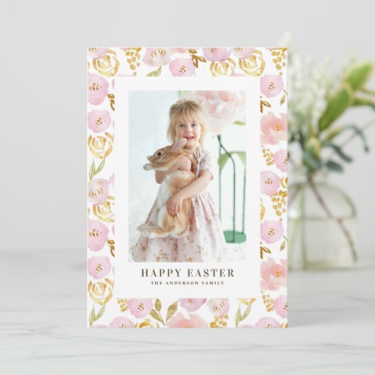Roze en gouden folie bloemen foto Gelukkig Pasen Feestdagenkaart (Staand voorkant)