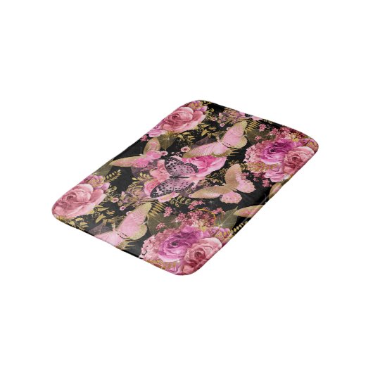 Roze en Gouden Folie Bloemen Vlinderpatroon Badmat (Gekanteld)