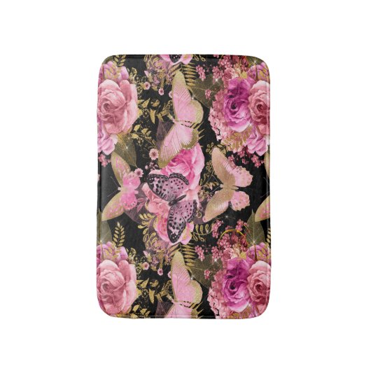 Roze en Gouden Folie Bloemen Vlinderpatroon Badmat (Voorkant Verticaal)
