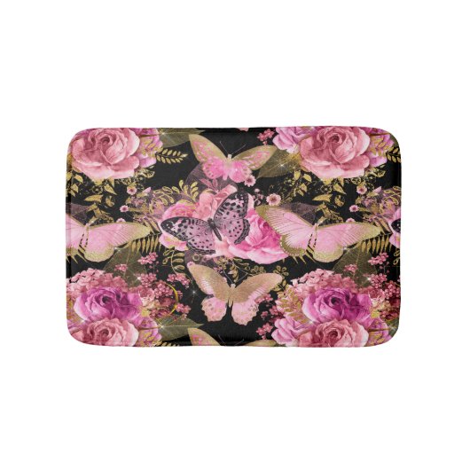 Roze en Gouden Folie Bloemen Vlinderpatroon Badmat (Voorkant)