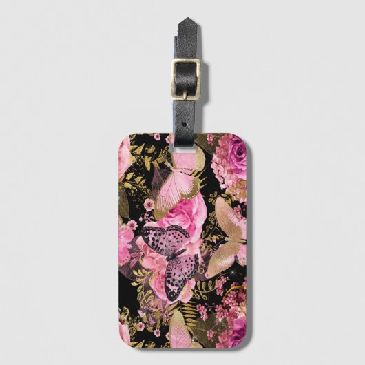 Roze en Gouden Folie Bloemen Vlinderpatroon Bagagelabel (Voorkant (verticaal))