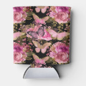 Roze en Gouden Folie Bloemen Vlinderpatroon Blikjeskoeler (Voorkant)