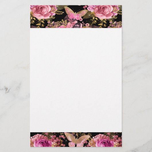 Roze en Gouden Folie Bloemen Vlinderpatroon Briefpapier (Voorkant)