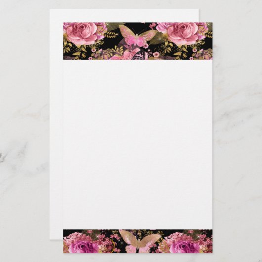 Roze en Gouden Folie Bloemen Vlinderpatroon Briefpapier (Voorkant / Achterkant)