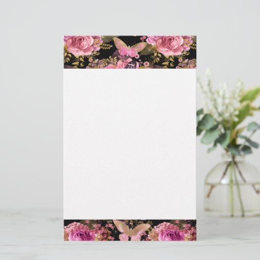 Roze en Gouden Folie Bloemen Vlinderpatroon Briefpapier (Staand voorkant)