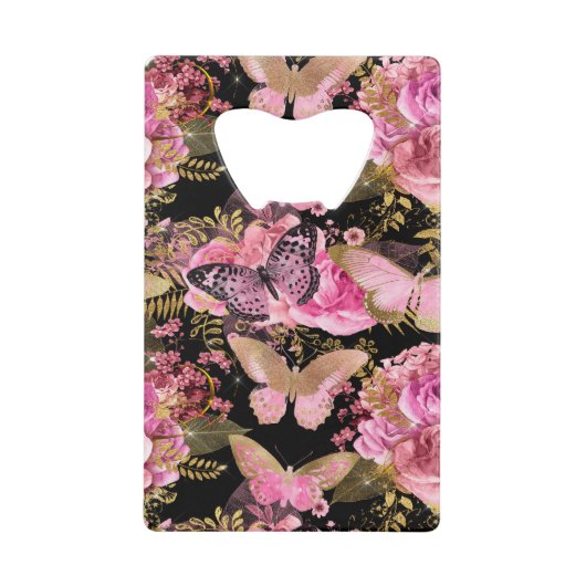 Roze en Gouden Folie Bloemen Vlinderpatroon Creditkaart Flessenopener (Voorkant)