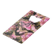 Roze en Gouden Folie Bloemen Vlinderpatroon Creditkaart Flessenopener (Voorkant Gekanteld)