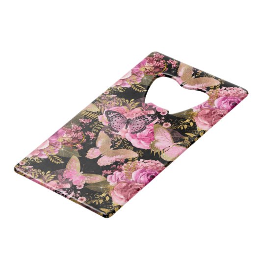 Roze en Gouden Folie Bloemen Vlinderpatroon Creditkaart Flessenopener (Achterkant Gekanteld)