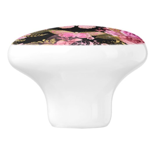 Roze en Gouden Folie Bloemen Vlinderpatroon Keramische Knop (Zijkant)