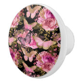 Roze en Gouden Folie Bloemen Vlinderpatroon Keramische Knop (Rechts)