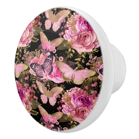 Roze en Gouden Folie Bloemen Vlinderpatroon Keramische Knop (Rechts)