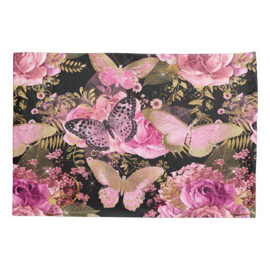 Roze en Gouden Folie Bloemen Vlinderpatroon Kussensloop (Achterkant)