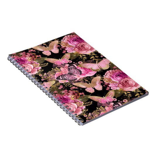Roze en Gouden Folie Bloemen Vlinderpatroon Notitieboek (Rechterzijde)