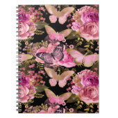 Roze en Gouden Folie Bloemen Vlinderpatroon Notitieboek (Voorkant)