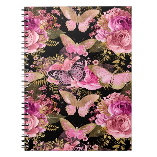 Roze en Gouden Folie Bloemen Vlinderpatroon Notitieboek (Voorkant)