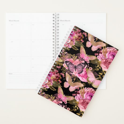 Roze en Gouden Folie Bloemen Vlinderpatroon Planner (Display)