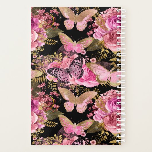 Roze en Gouden Folie Bloemen Vlinderpatroon Planner (Achterkant)
