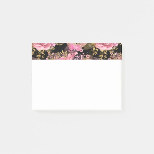 Roze en Gouden Folie Bloemen Vlinderpatroon Post-it® Notes (Voorkant)