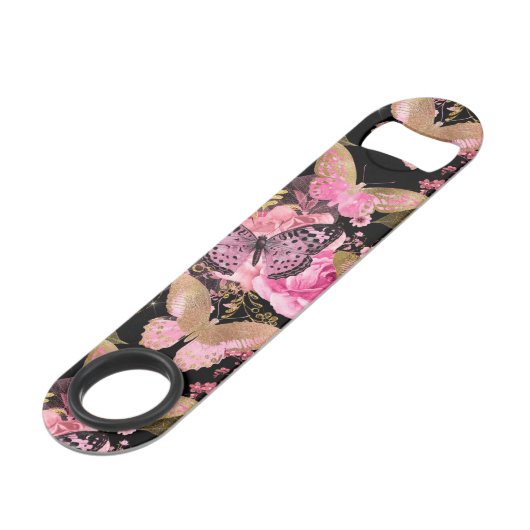 Roze en Gouden Folie Bloemen Vlinderpatroon Speed Flessenopener (Voorkant Gekanteld)