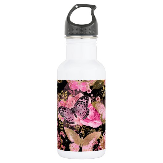 Roze en Gouden Folie Bloemen Vlinderpatroon Waterfles (Voorkant)