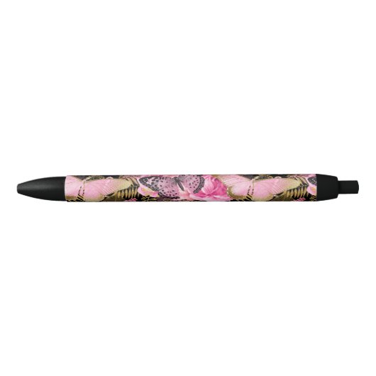 Roze en Gouden Folie Bloemen Vlinderpatroon Zwarte Inkt Pen (Voorkant)