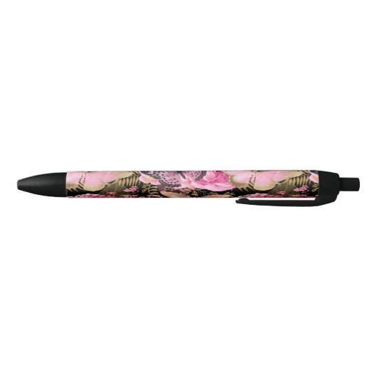 Roze en Gouden Folie Bloemen Vlinderpatroon Zwarte Inkt Pen (Bodem)