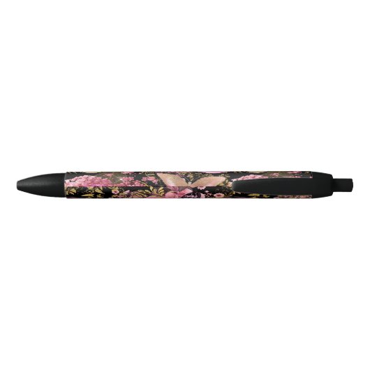 Roze en Gouden Folie Bloemen Vlinderpatroon Zwarte Inkt Pen (Achterkant)