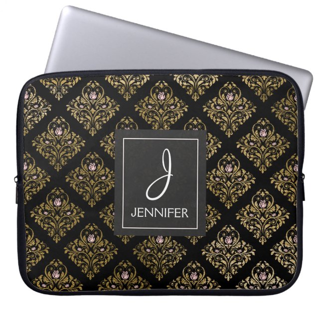 Roze en Gouden Folie Bloempatroon Elegant Monogram Laptop Sleeve (Voorkant)