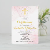 Roze en gouden folie marmeren doopuitnodiging folie uitnodiging (Staand Voorkant)