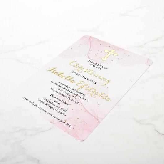 Roze en gouden folie marmeren doopuitnodiging folie uitnodiging (Gedraaid)