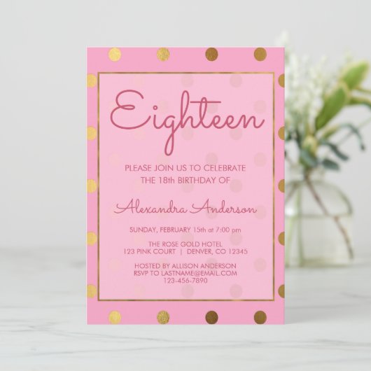 Roze en gouden folie Polk Dot 18e verjaardag Kaart (Staand voorkant)