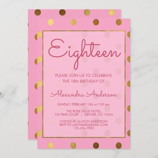 Roze en gouden folie Polk Dot 18e verjaardag Kaart (Voorkant / Achterkant)