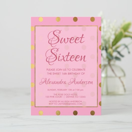 Roze en gouden folie Polk Dot Sweet 16 Birthday Kaart (Staand voorkant)