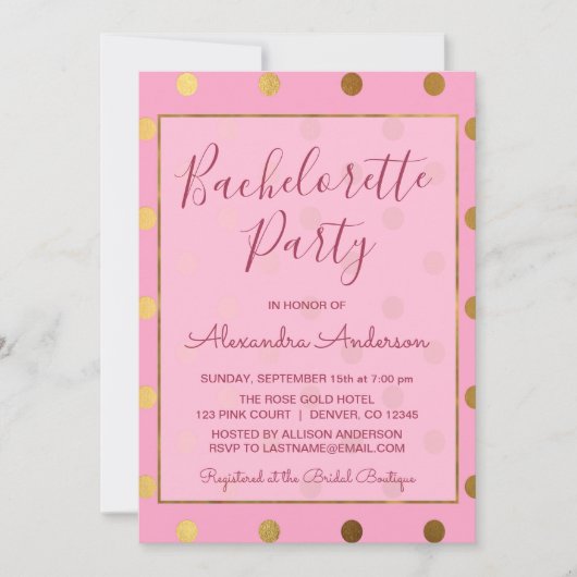 Roze en Gouden Folie Polka Dot Bachelorette Party Kaart (Voorkant)